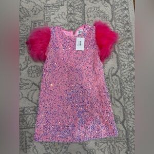 Lola & the boys pink Sequin Dress with Feather Detail